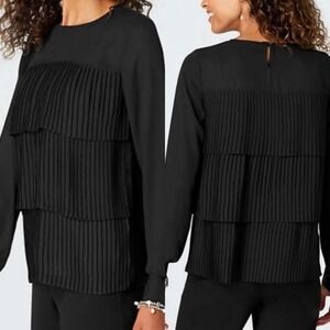 J. Jill Women's Size XL Black Tiered Accordion Pleated Long Sleeve Blouse NWOT
